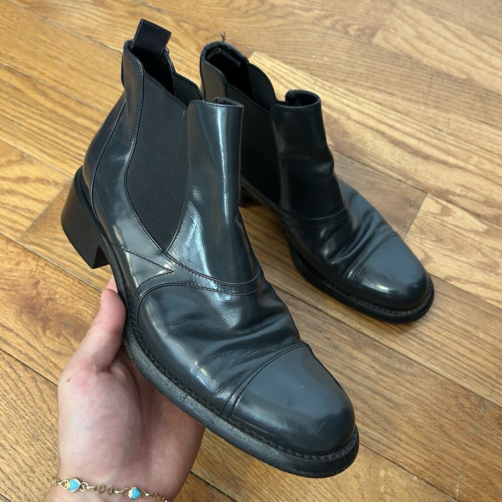 Vintage Prada Chelsea Grey Patent Leather Cap Toe Shoes Boots Size 37.5